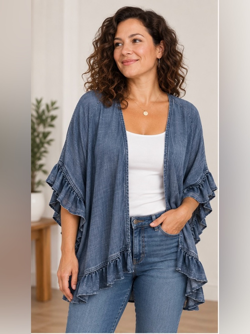 Easel Los Angeles 100% Tencel Ruffle Kimono Cardigan Duster NWT